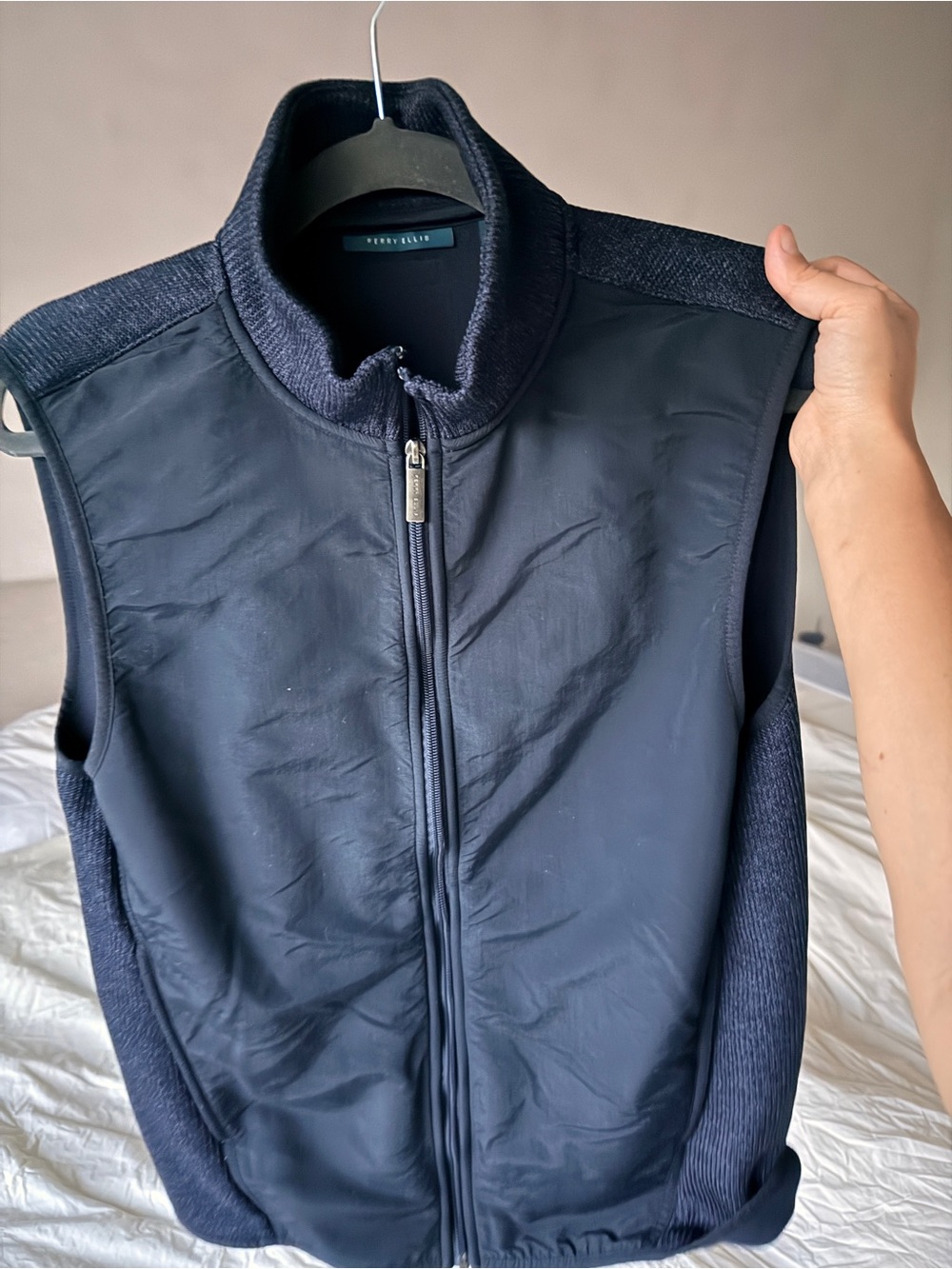 Perry Ellis Navy Zip-Up Vest - Textured Knit Panels